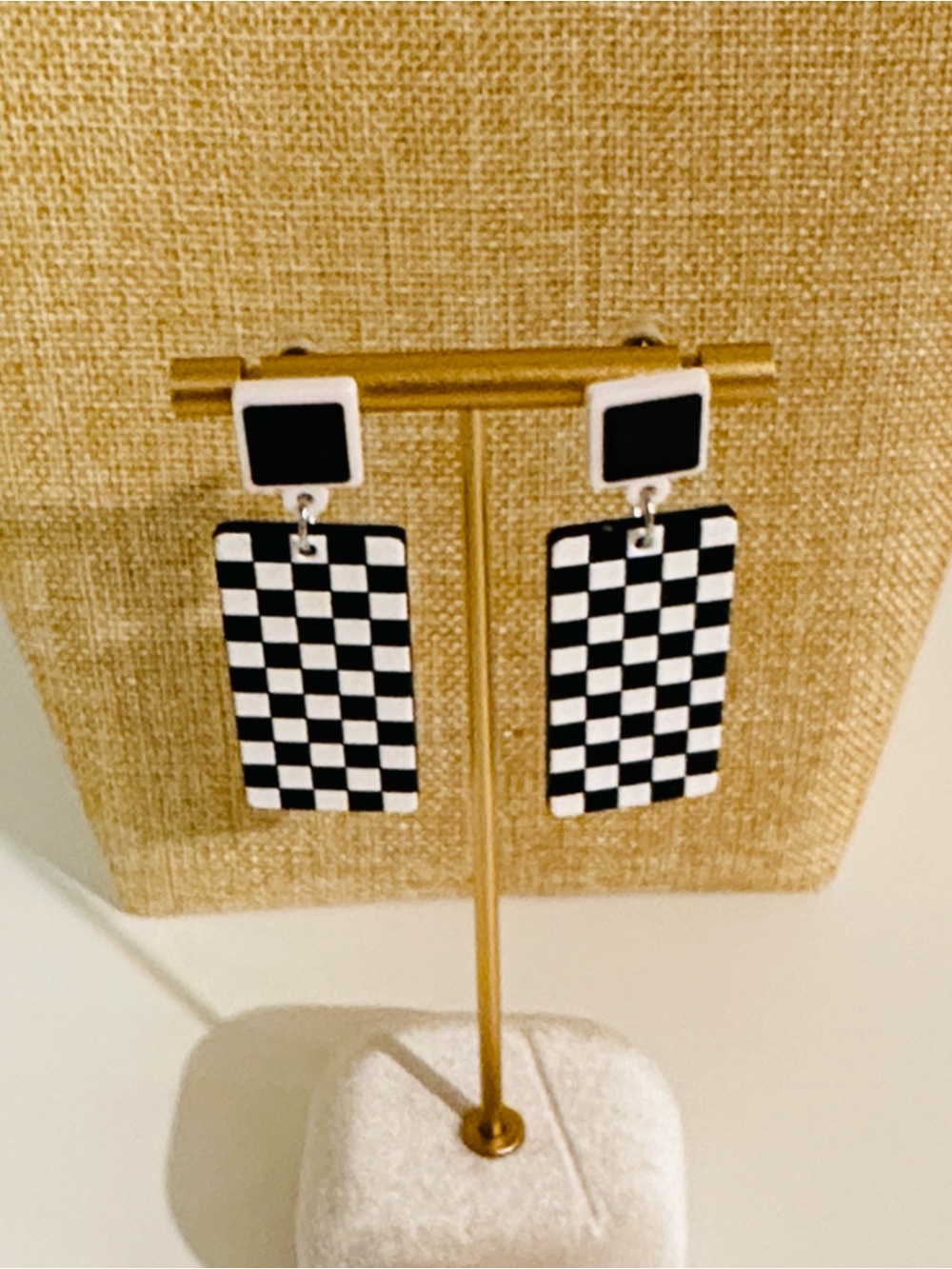 Fashion Jewelry Black & White Checkered Drop Earrings - Picture 6 of 6